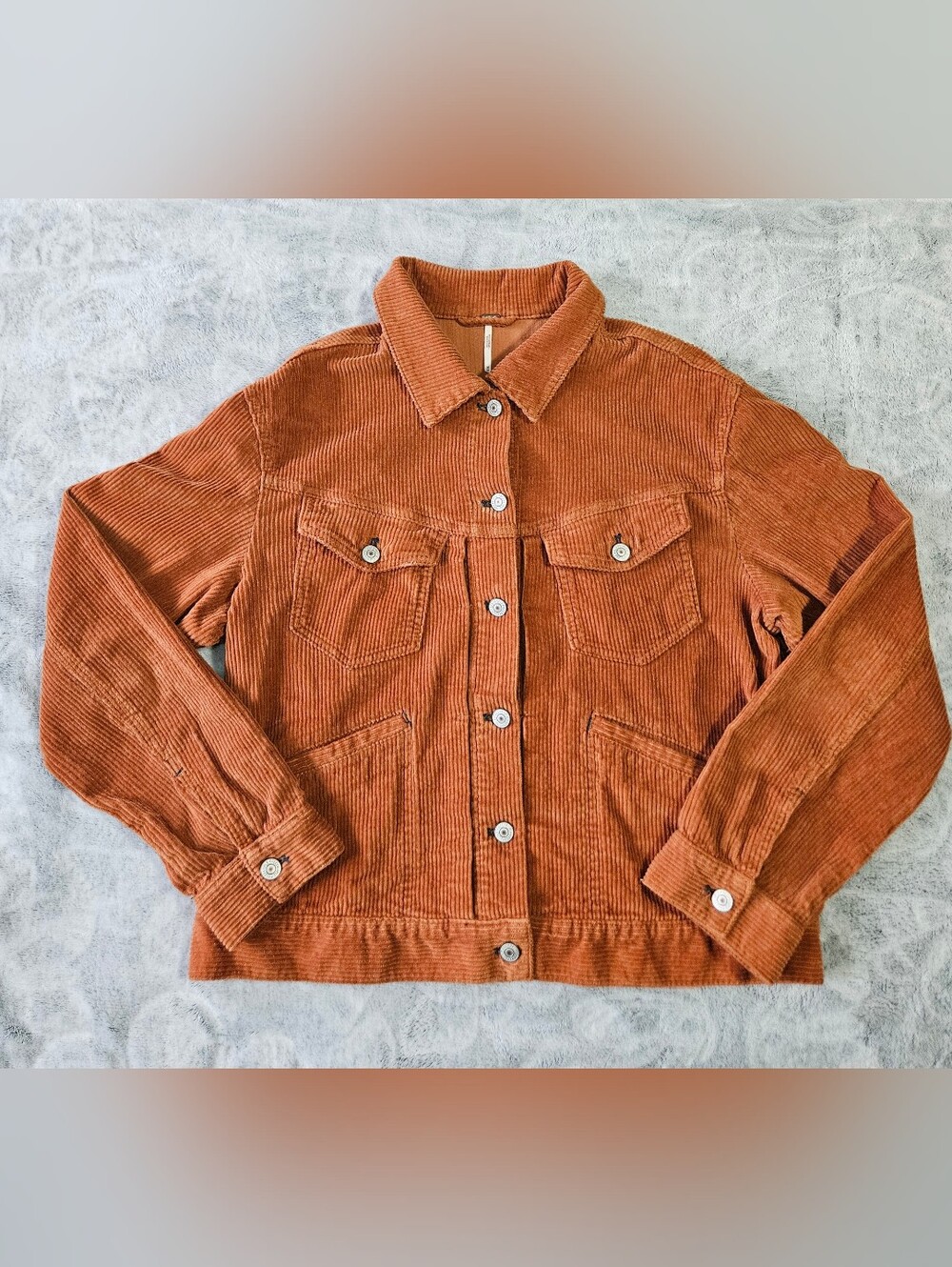 0215 Free People Rust Orange Corduroy Trucker Jacket Shacket Medium Fall Autumn